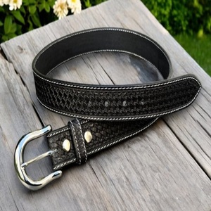 Cinturón de Cuero Negro con Costuras Blancas Duraderas y Trenzado Artesanal, Estilo Western, para Hombre y Mujer, a Precio de Fábrica - Product Image 1