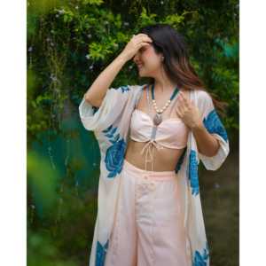 Ensemble Sharara Bohème Floral en Satin Ivoire pour Femme, Taille XS, avec Hauts à Manches Trois-Quarts Respirants - Product Image 6