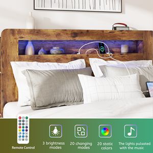 Letto matrimoniale in legno con piattaforma, testiera illuminata a LED e contenitore, 2 USB, silenzioso, non richiede rete a molle - Product Image 5
