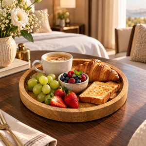 Modern <b>Round</b> for Wood Serving <b>Tray</b> | Natural Platter with Raised Edge for Tea Coffee Fruits Snacks Dining <b>Table</b> Home Decor Use - Product Image 3
