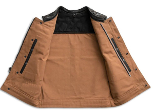 Chaleco de lona marrón para hombre con ribete de cuero acolchado, cuello redondo, sin mangas, estilo motero, para otoño - Product Image 2