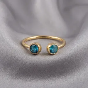 Wholesale Minimalist Style Jewelry Sky Blue <b>Quartz</b> Bezel Setting Double Stone 18k Gold Plated Brass Statement Stylish Fancy <b>Ring</b> - Product Image 5
