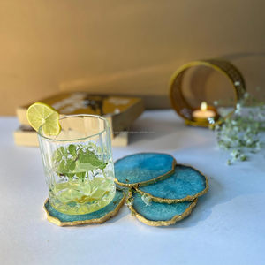 Ensemble de dessous-de-verre en tranche d'agate bleue avec bordure dorée électroplaquée, en cristal de géode turquoise, pour la protection de la table, pierre de cristal - Product Image 4