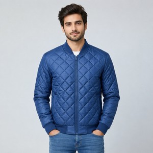 Blouson Bomber Homme en Cuir Véritable Matelassé Violet Col Montant Respirant Fermeture Éclair Couleur Unie Coupe Droite Décontractée - Product Image 4