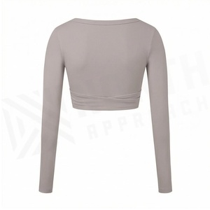 V-<b>Neck</b> Long Sleeve Crop Top Twist Draped Solid Color Breathable Spandex Polyester Yoga Wear Women's Sportswear - Product Image 2