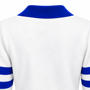 Suéter Cárdigan Zeta Phi Beta para Mujer, Blanco con Ribete Azul Rey, Cuello en V, Manga a Rayas, Parche con Letras Griegas de Chenilla, 1920 - Product Image 6