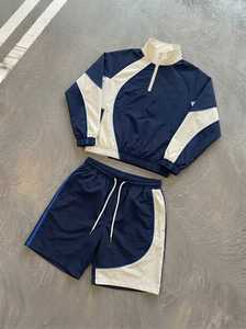 Unisex <b>Navy</b> White Color Block Tracksuit Set Zip Jacket Shorts Two Piece Activewear Casual Streetwear Lightweight Loose Fit - Product Image 5