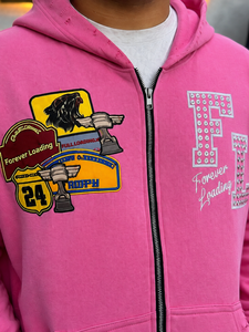 Men's <b>Pink</b> Hooded Zip-Up Sweatshirt Oversized Fit Streetwear Rhinestone Letter Print Front Regular Sleeve FRENCH TERRY <b>Hoodies</b> - Product Image 5