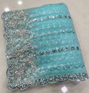 Turquoise <b>Net</b> Saree Embroidered Blouse <b>Dupatta</b> Women Traditional Indian Wedding Wear Floor-Length Regular Fit Quick Dry All - Product Image 6