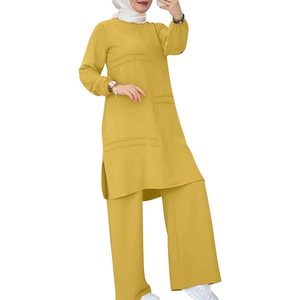 Traje islámico modesto para mujer, vestido asimétrico de manga larga color amarillo mostaza con bolsillos y pantalones de pierna ancha, conjunto de tela de algodón recta - Product Image 5