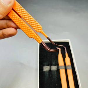 Orange Lash Tweezers Eyelash <b>Extensions</b> Tweezers Set Stainless Steel Curved Smooth Tip OEM Brand 45 90 Eyelash Tweezers - Product Image 2