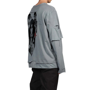 T-shirts pour hommes personnalisés OEM en coton oversize, lavés, imprimés à l'écran, à double couche, à manches longues, coupe carrée, courts, déchirés et usés - Product Image 2