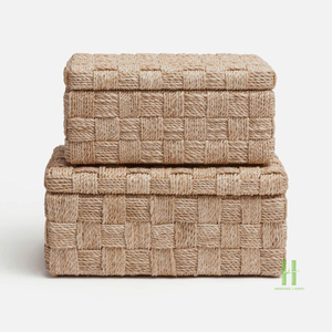 Handmade <b>Rustic</b> Straw Woven Storage Baskets Rectangle Natural Plant Fiber Organizer for Living Room Neatening Use with Lid - Product Image 3