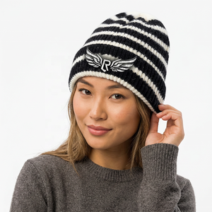 Unisex Striped Knit Beanie Hat 100% <b>Acrylic</b> Winter Warm Casual Cap Black White Color <b>Block</b> Adult - Product Image 6