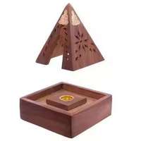 Ensemble brûleur de bakhoor pyramidal en bois fait main avec couvercle sculpté incrusté de Bouddha, encensoir à oud et boîte porte-charbon