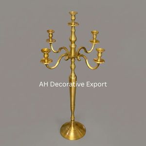 Handcrafted Brass Finish 5 Arm Candelabra Metal <b>Candle</b> <b>Holder</b> <b>Glass</b> <b>Hurricane</b> Cups Wedding Event Table Centrepiece - Product Image 2