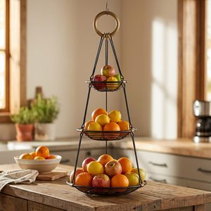 Cesta de Alambre de Hierro Hecha a Mano de 30 cm, Negra con Acabado en Latón Antiguo, Jhoola de Tres Niveles, Hamaca para Frutas, para Decoración del Hogar, Hotel y Garaje - Product Image 2