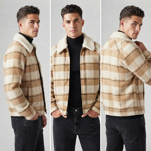 Men's Plaid Fleece <b>Jacket</b> With Sherpa Lining Zipper Closure Winter Thick Wool <b>Flannel</b> Polyester Coat Turn-down Collar <b>Jackets</b> - Product Image 4