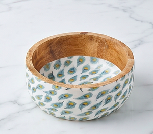 Tazón de Madera Hecho a Mano con Estampado de Plumas de Pavo Real Estilo Bohemio, Tazón para Ensalada de Madera de Acacia Natural - Product Image 1