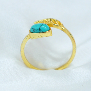Bague en turquoise naturelle plaquée or et argent, faite à la main, motif feuille, pierre précieuse, bague ouverte, bijoux fins tendance - Product Image 3