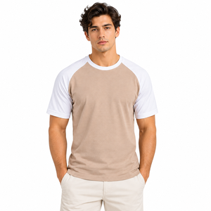 T-shirt décontracté pour homme, beige et blanc, à manches courtes raglan, col rond, bicolore, 100 % coton, personnalisable OEM, vente en gros, séchage rapide, respirant - Product Image 1