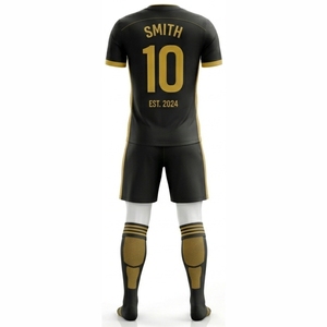 Uniforme de football personnalisé noir et or unisexe à manches courtes, respirant, sublimé, 100% polyester, col rond, pour tous - Product Image 5