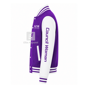 Veste universitaire personnalisée NCNW, violette et blanche, manches longues, fermeture éclair sur le devant, col à bande, logo brodé, coton - Product Image 4