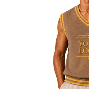 Gilet en tricot d'été pour homme, couleur taupe avec rayures contrastées jaune moutarde, col en V, sans manches, pull personnalisé avec logo, laine acrylique OEM - Product Image 3