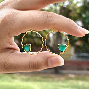 Classic Green Onyx Geometric Minimalist <b>Charm</b> Wave Pattern 18K <b>Gold</b> Plated Brass 8mm Single Bail Scalloped Frame Jewelry Earring - Product Image 4