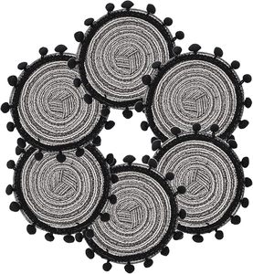 Handwoven Round Cotton Rope <b>Coaster</b> <b>Set</b> with Black Pom Pom Trim Boho <b>Table</b> <b>Mats</b> Farmhouse Drink <b>Coasters</b> <b>Set</b> <b>of</b> <b>6</b> - Product Image 1