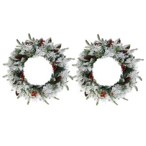 Lot de 2 couronnes de Noël artificielles de 18 pouces pré-éclairées, effet flocon de neige, luxueuses et tendance, avec 60 lumières chaudes, 140 pointes et baies rouges - Product Image 1