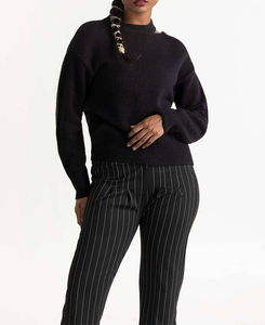 Pull décontracté à col rond en laine et viscose tricoté pour femme, à manches longues, rayé, avec fermeture à points ouverts, OEM - Product Image 2
