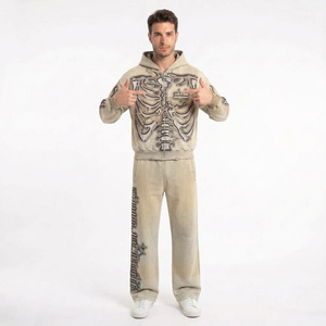 Private Label Unisex <b>Y2K</b> Gothic Skeleton Print Tracksuit Heavyweight <b>Vintage</b> Distressed Zip Hoodie Sweatpants 2-Piece Set - Product Image 4
