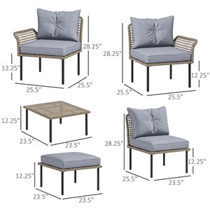 Set di mobili da giardino in rattan grigio chiaro da 5 pezzi, compresi divano, chaise longue, tavolino da caffè, poggiapiedi con cuscini - Product Image 3