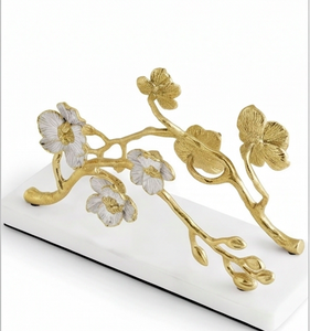 Porte-mouchoirs décoratif en métal doré et blanc, motif fleur de cerisier orientale, sur pied, pour cuisine et hôtellerie - Product Image 1