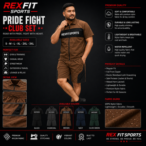 REXFIT SPORTS 2026 <b>Men</b>’s Brown Premium Nylon Short Sleeve Tracksuit Set Full Zip <b>Jacket</b> and Shorts <b>Lightweight</b> Sportswear - Product Image 1