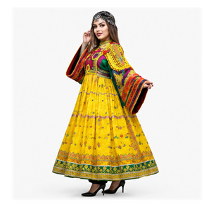 Vestido Tradicional Indio-Pakistaní Salwar Kameez para Mujer, Amarillo, de Algodón, Bordado, Largo hasta el Suelo, Corte Holgado, para Boda, Estilo Afgano Kuchi - Product Image 3