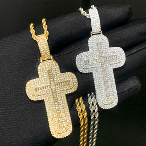 Baguette Cross Pendant Necklace Moissanite Diamond Two Tone 925 Silver <b>Iced</b> <b>Out</b> Hip Hop <b>Chain</b> - Product Image 2