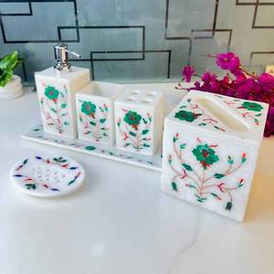 Juego de Accesorios de Baño de Lujo de 6 Piezas, Hecho a Mano, de Mármol Blanco, Imitación Antigua, con Incrustaciones Florales, Dispensador de Jabón, Portacepillos de Dientes - Product Image 1