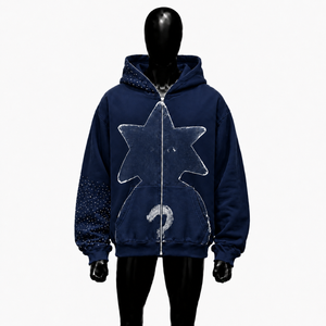 Navy Blue Star Graphic Zip Up Hoodie <b>Oversized</b> Streetwear Unisex <b>Vintage</b> Distressed Print Full Zipper Casual Hooded <b>Sweatshirt</b> - Product Image 1