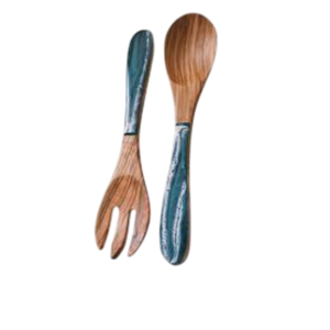 Juego de servidores de ensalada de madera de olivo hechos a mano con mango de resina ecológica, cuchara y tenedor de servicio premium para uso en la cocina del hogar moderno. - Product Image 1