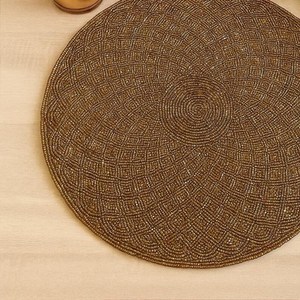 SET of 2 Handmade Brown Gold Floral Eco-Friendly <b>Beaded</b> <b>Placemat</b> Elegant Round Home Table Mat for Rustic & Festive Decor - Product Image 2