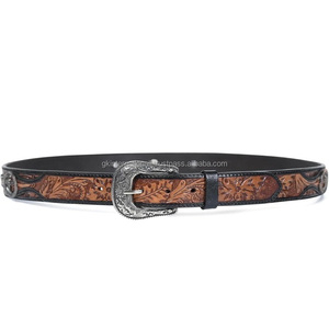 Best Quality Hand Carved Floral Embossed Decorative Conchos Men's Western Leather <b>Tooling</b> <b>Belt</b> with Designer Brass Buckle Set - Product Image 2