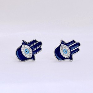 Hamsa Hand <b>Stud</b> <b>Earrings</b> 925 <b>Silver</b> Blue Evil Eye Crystal Rhinestone Religious Jewelry - Product Image 1