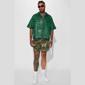 Bulk Order Brand Clothing Green Summer Men Short Sleeve Blank Chest Pockets Boxy <b>Shirt</b> Custom Logo Faux Leather <b>Button</b> up <b>Shirt</b> - Product Image 1