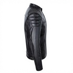 <b>Men's</b> Genuine <b>Leather</b> Motorcycle <b>Jacket</b> Stand Collar Zipper Closure Slim Fit Windproof Autumn Wear - Product Image 2