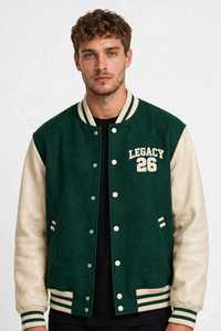 Men's Green Varsity Jacket Color Block for Sleeve Zipper Closure Turn-down Collar Badge Logo Windproof Front Sporty - Product Image 5