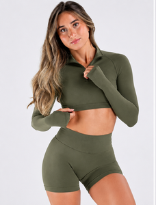 Custom Women's Fitness <b>Set</b> Olive <b>Green</b> Half Zip Sleeveless Crop Top Mid Waist Shorts Solid 2-Piece Yoga <b>Gym</b> Activewear Front - Product Image 1