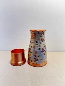 Premium Printed Pure Copper Bedside Water Carafe Jar 950ml Gold Foil Floral Pattern <b>Pot</b> Luxury Meenakari Metal Drinkware <b>Set</b> - Product Image 5
