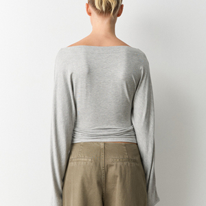Top corto tipo corsé de jersey transpirable y ecológico para mujer, de verano, con mangas largas, ojales en el cuello, estilo streetwear, con canalé lateral, tipo camiseta - Product Image 2